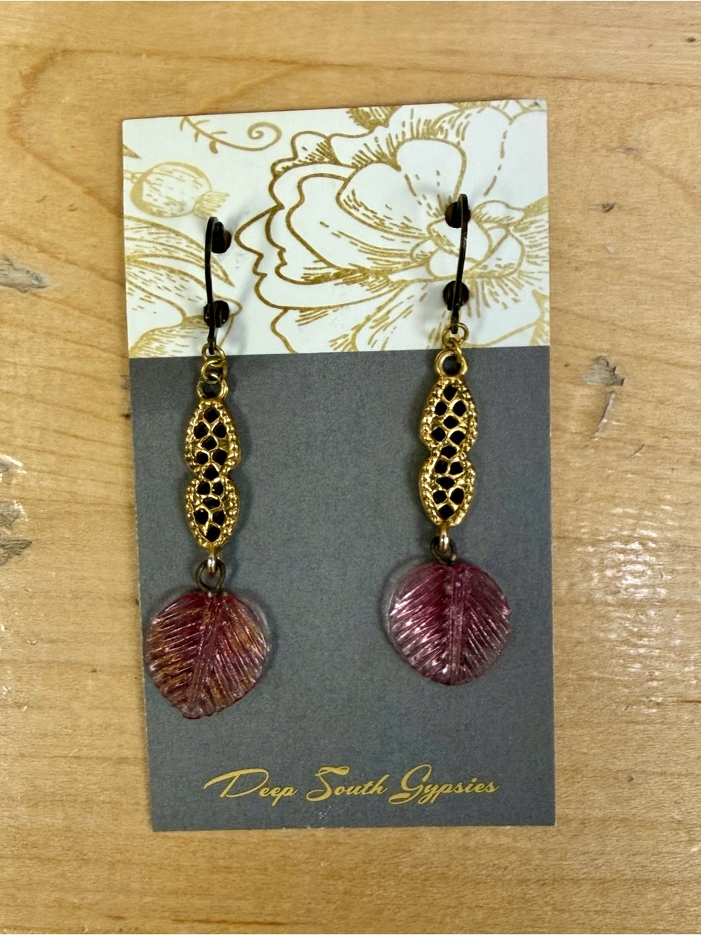 Gold and Pink Leaf Drop Earrings